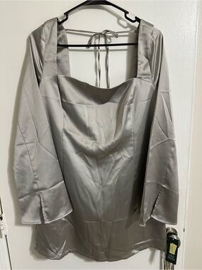 wild fable Satin Square-Neck Long-Sleeve Mini Dress in Light Gray